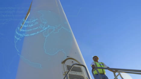 animación del globo sobre el ingeniero y la turbina eólica en el campo