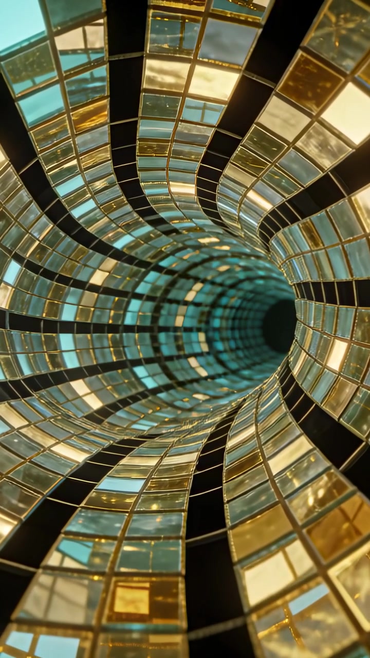 Video vertical: Cámara en movimiento entrando en un túnel sinuoso que revela azulejos cuadrados de color verde azulado y dorado hacia una abertura