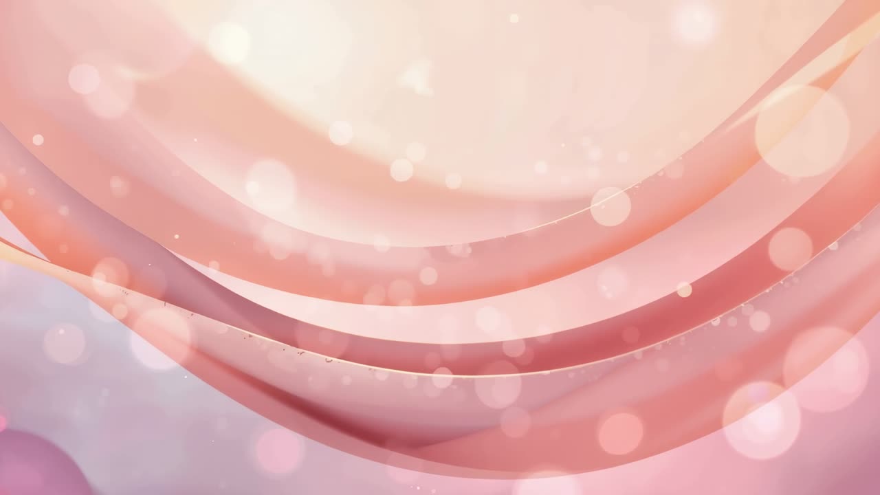 Shifting layered ribbons triggered by frame change, waving across peach-pink glow, drifting orbs