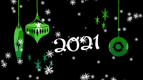 Animation-of-christmas-decorations,-2021-text-and-snow-on-black-background