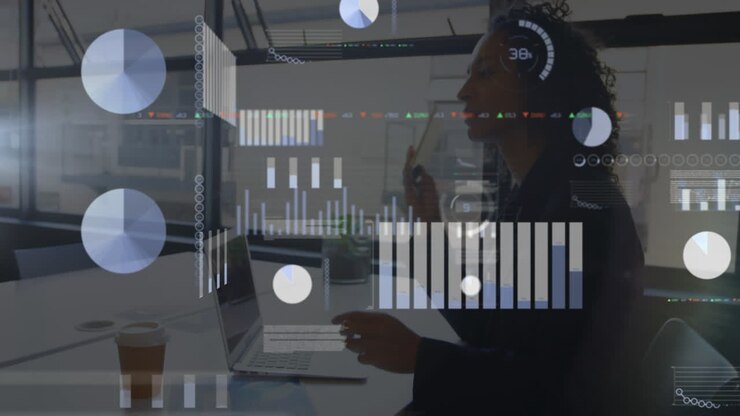 Animation of financial data processing over african american businesswoman in office
