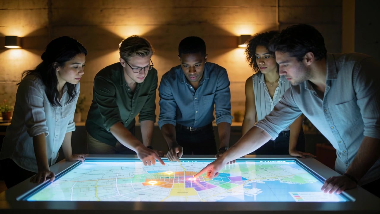 Pressing left woman, team comparing map regions on screen in meeting room wearing casual attire