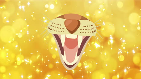 animation of cat snout with open mouth and fangs over yellow and orange light spots