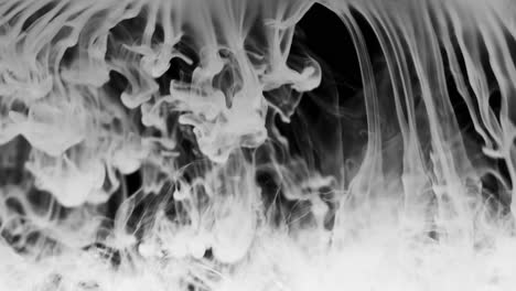 el humo espeso blanco brillante cae a través del marco, hace formas rizadas abstractas, se reúne en la parte inferior, se disuelve en neblina