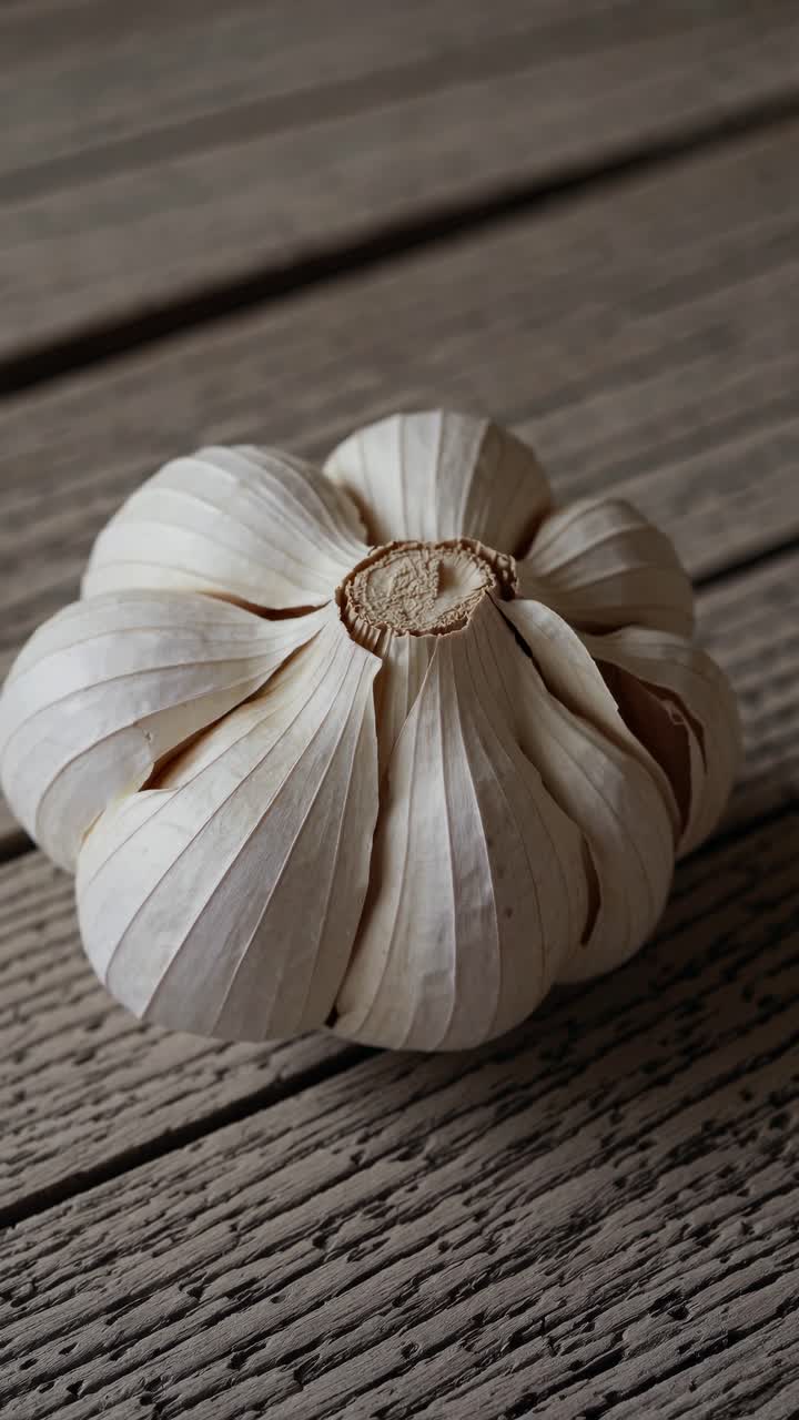Close-up, top-down angle of a garlic bulb on textured wood, emphasizing natural details