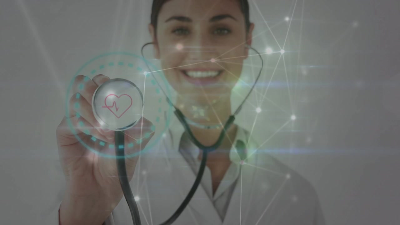 Animación de red de conexiones sobre doctora caucásica sonriendo