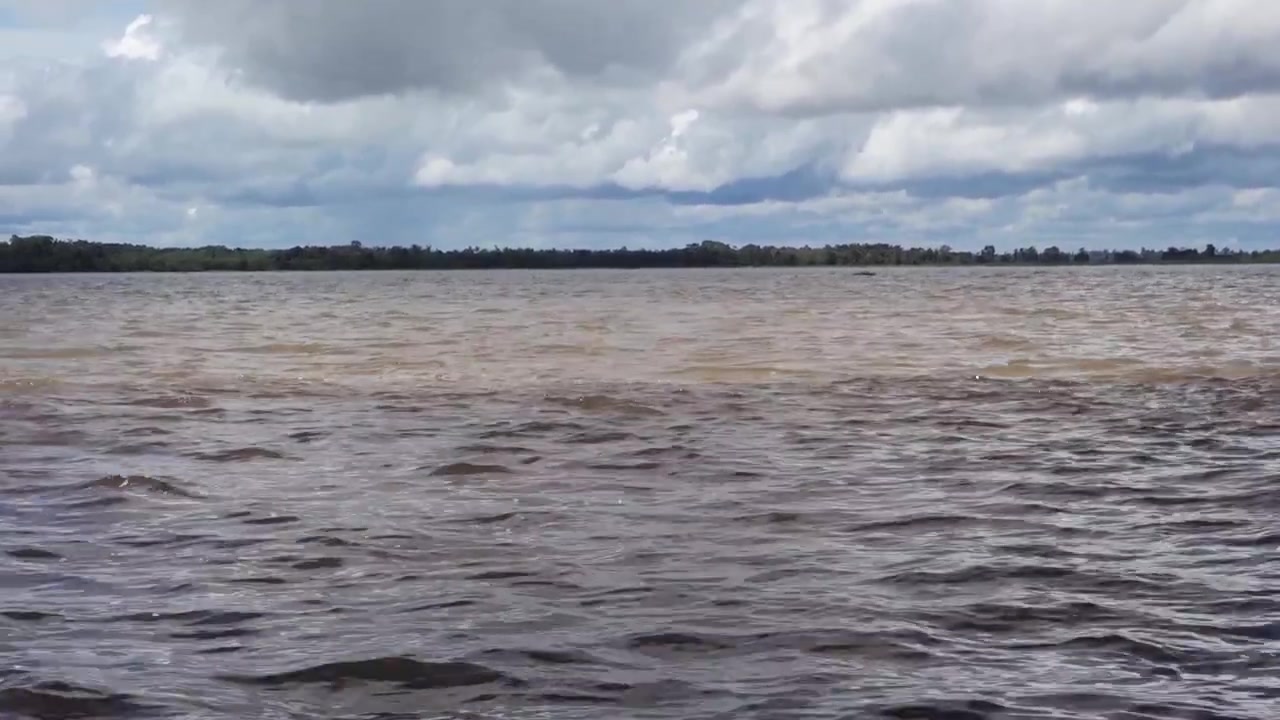 Farvede vandstriber ved sammenløbet af Negro-floden og Amazonas-floden i Manaus, Brasilien.