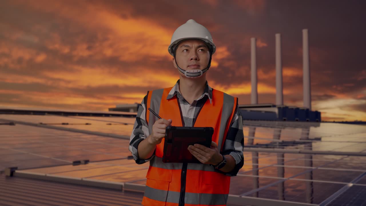 Asian Male Engineer With Safety Helmet Taking Note On The Tablet And Looking Around While Standing, Inspecting Solar Panels on Rooftop at Sunset