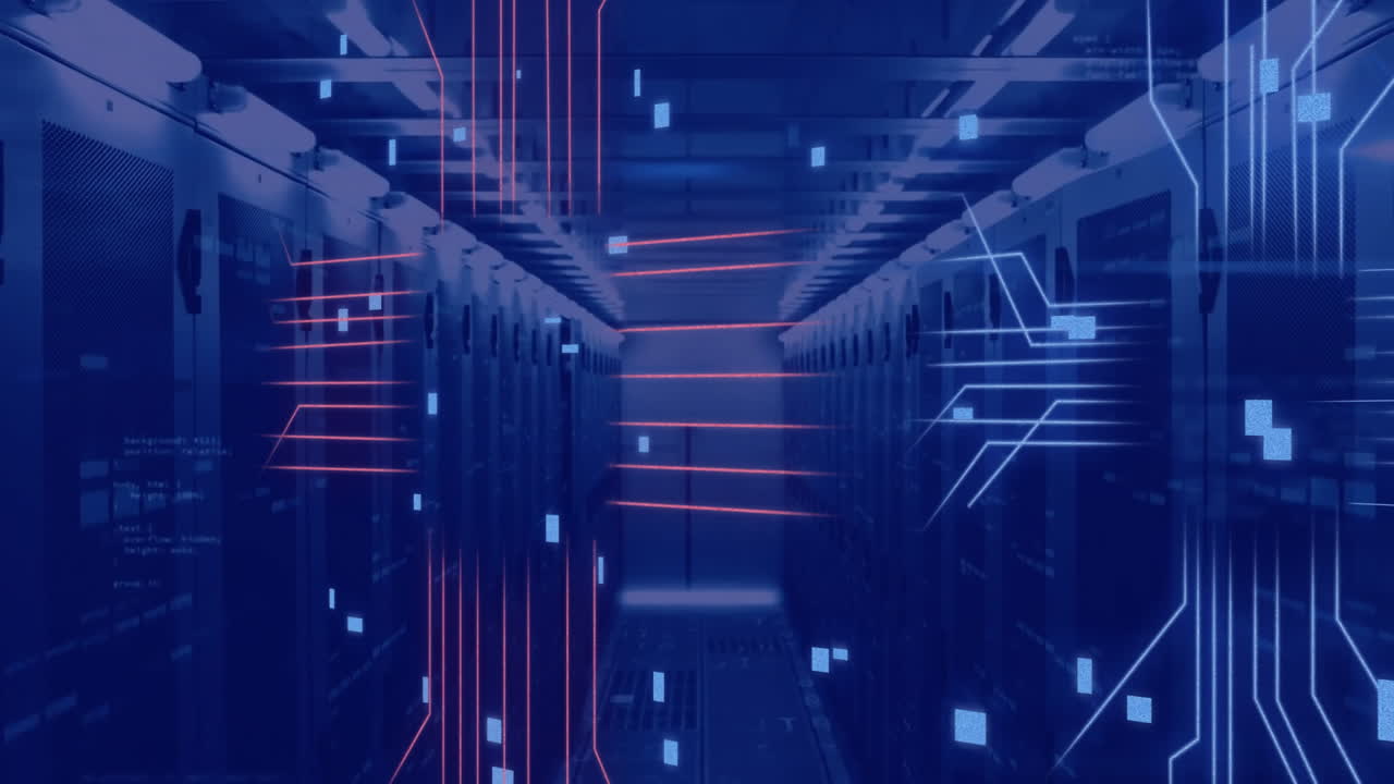 Animation of circuit board and data processing over computer servers