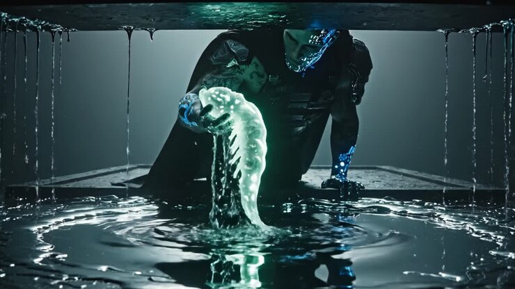 Personaggio cyberpunk in grotta con acqua