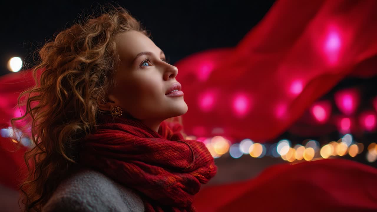 A Captivating Moment Under the Night Sky: A Young Woman Gazes Dreamily into the Distance as Colorful Lights Illuminate the Background, Surrounded by Flowing Drapes of Vibrant Red Fabric