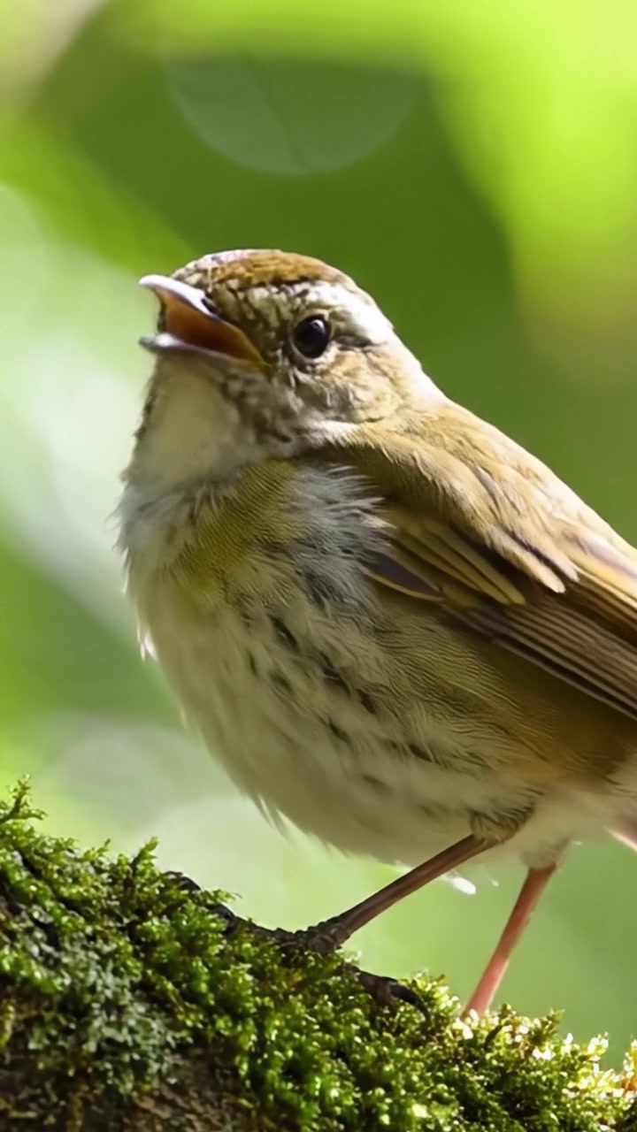 Un primo piano di un uccello canoro colorato appollaiato su un ramo muschioso, catturando la sua bellezza naturale e il piumaggio vibrante in un ambiente verde lussureggiante.