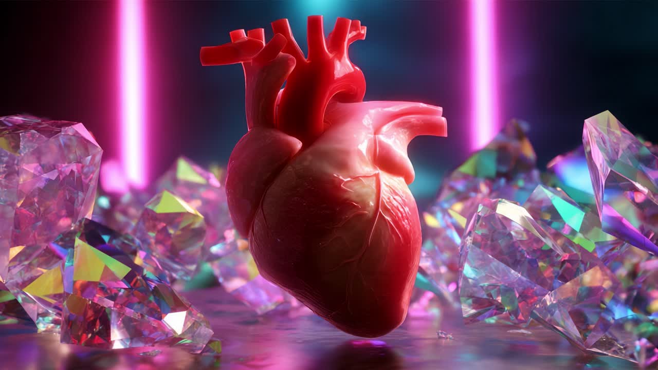A stunning visual representation of a heart, beautifully rendered in vibrant hues, surrounded by sparkling crystals and illuminated by captivating neon lights, symbolizing life, beauty, and emotion