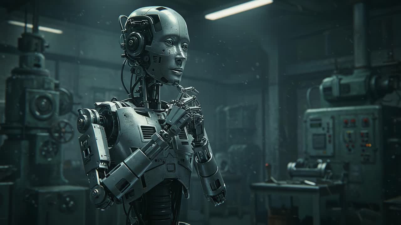 A humanoid robot stands in a shadowy workshop filled with machinery, captured in two frames showcasing its intricate design, reflecting on technology and innovation
