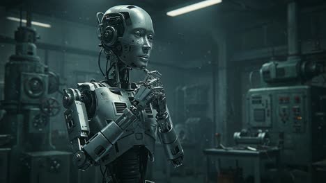 a humanoid robot stands in a shadowy workshop filled with machinery, captured in two frames showcasing its intricate design, reflecting on technology and innovation