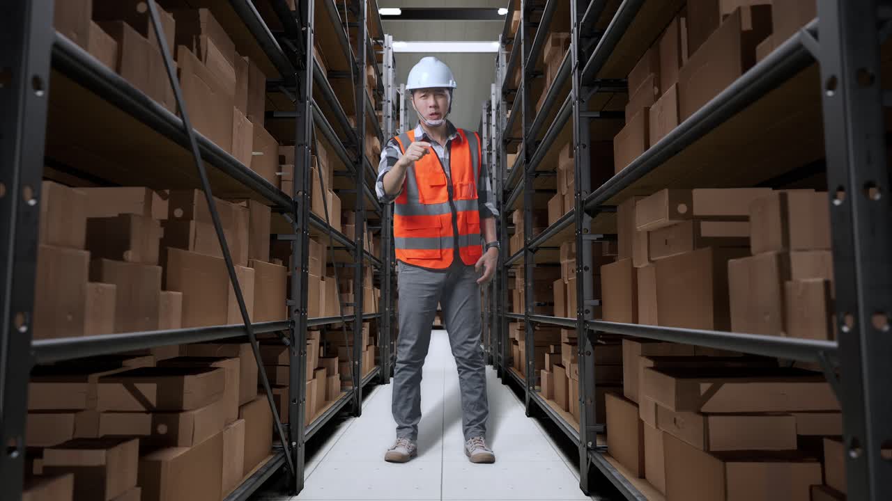 cuerpo lleno de ingeniero masculino asiático con casco de seguridad de pie en el almacén con estantes llenos de mercancías de entrega. estando enojado, apuntando a usted y gritando en el almacenamiento