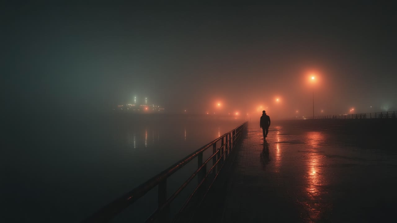 A solitary figure walks along a misty pier, illuminated by glowing street lamps in a serene, atmospheric scene filled with fog and reflections on the wet surface