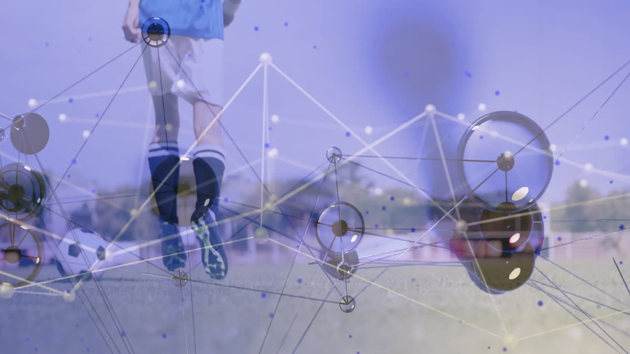 Soccer player on field with network connections and data processing animation