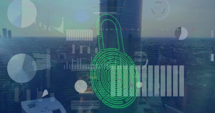 Animation of security padlock icon and screens with data processing over aerial view of cityscape