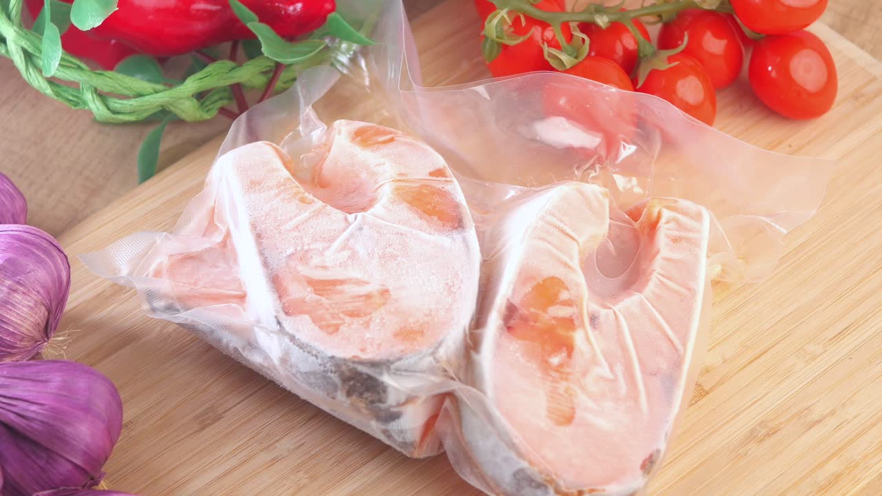 요리 할 준비가 된 냉동 연어 필레