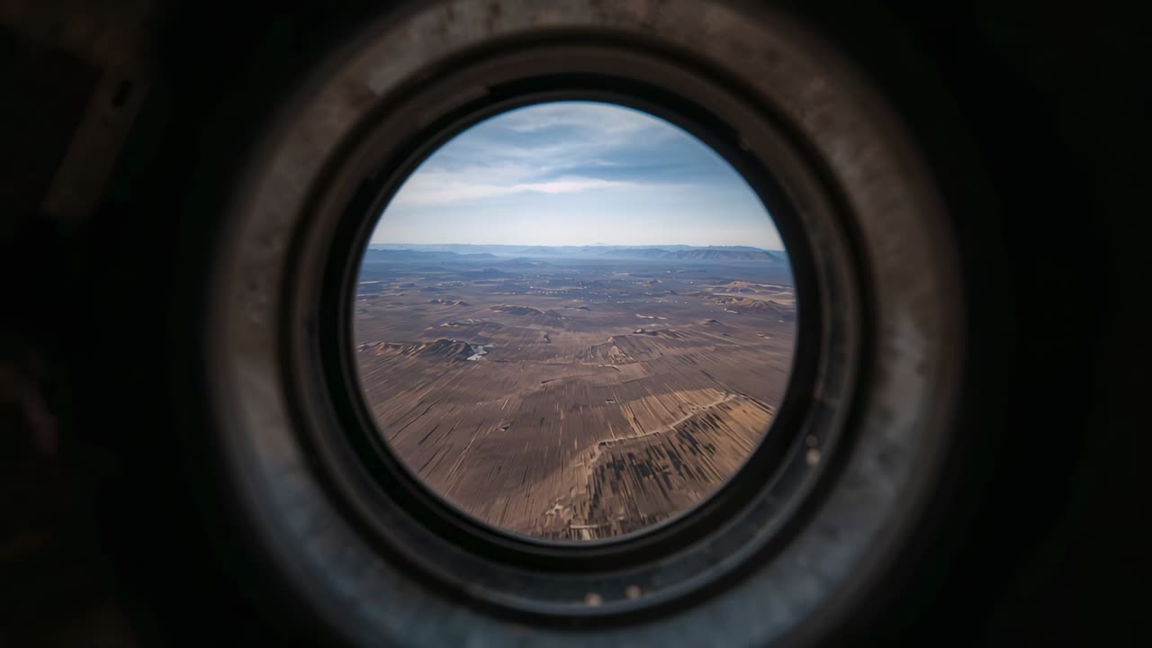 Framing circular porthole showing terrain shifting as aircraft moving over arid plateau, metal rim