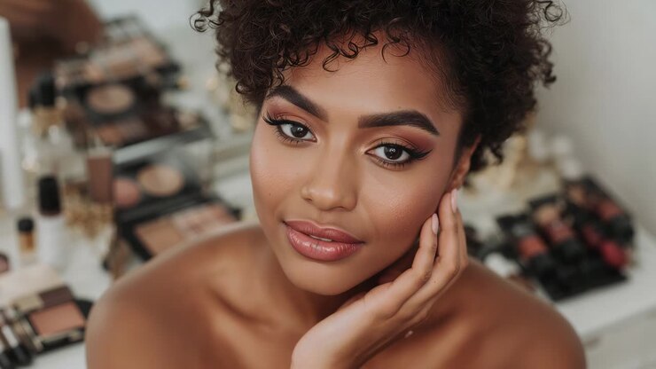 Kamera, der fanger model, som justerer smil ved toiletbord, og fremviser eyeliner, bare skuldre, paletter