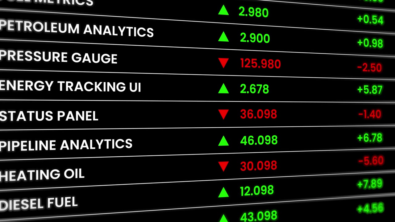 Animazione della dashboard finanziaria digitale del mercato delle materie prime energetiche isolata su sfondo nero