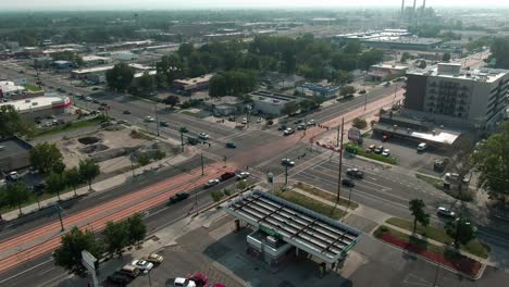 aerial view of city intersection and surrounding area