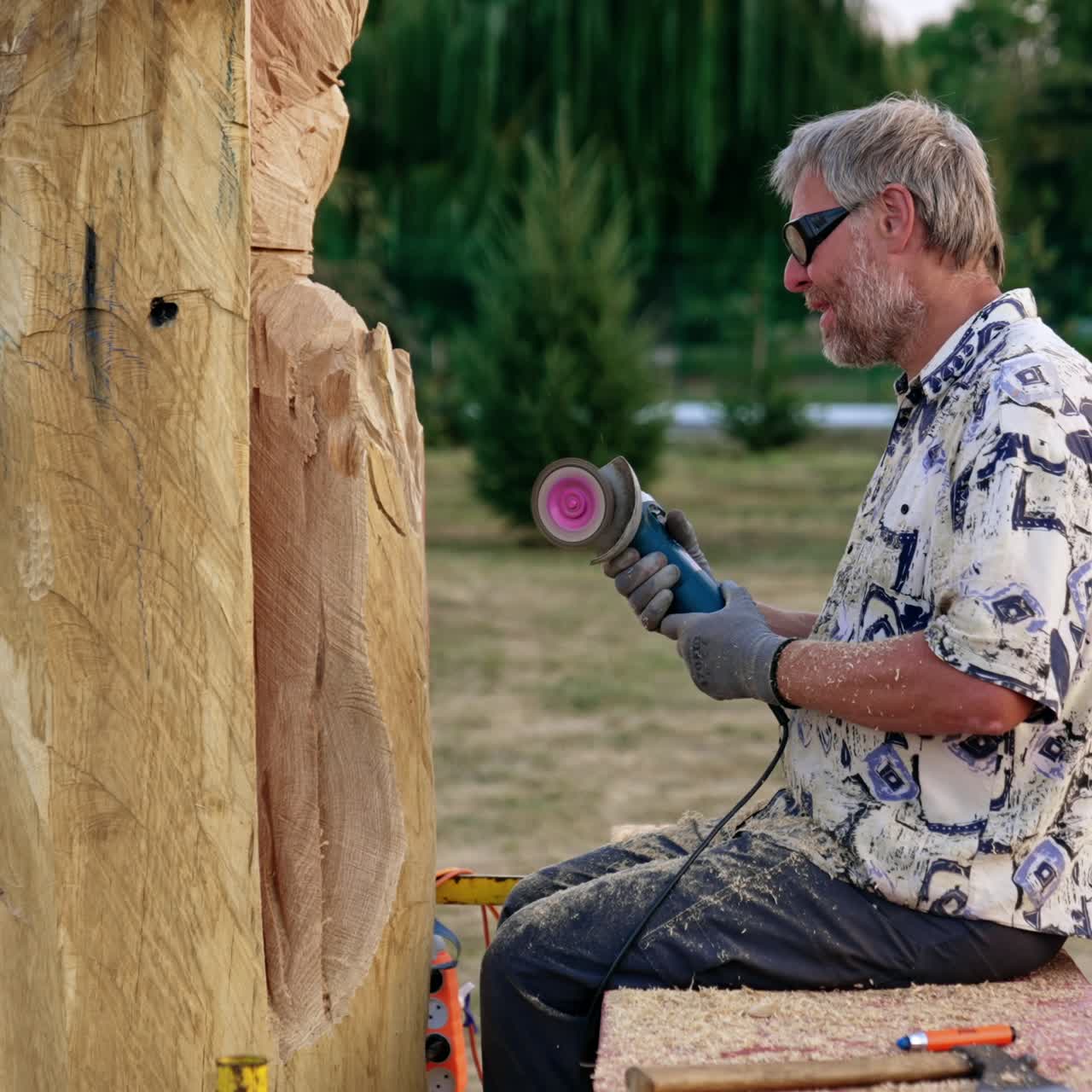 Woodwork handmade craft. Wooden sculpture artist cutting