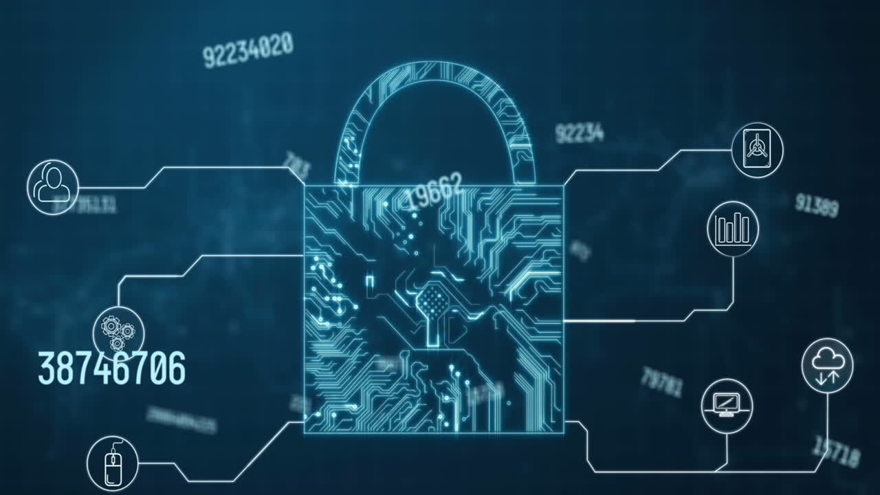 animación de candado de conexiones y números en fondo azul