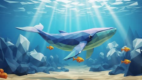 a stunning low-poly representation of a majestic whale swimming gracefully among vibrant underwater life in an enchanting oceanic landscape