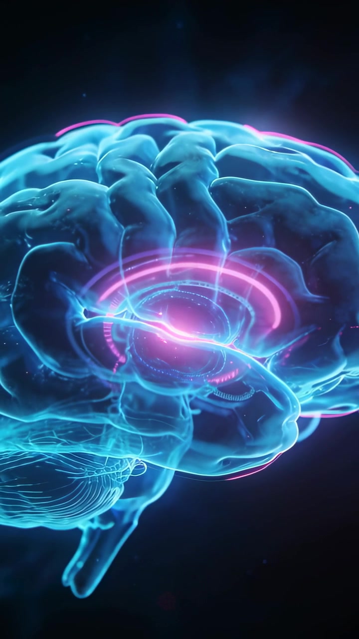Vertical video: Pulsing pink rings causing cyan 3D brain rotating in virtual space with neon paths