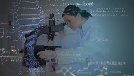 animación de adn con procesamiento de datos médicos e información con científico trabajando detrás