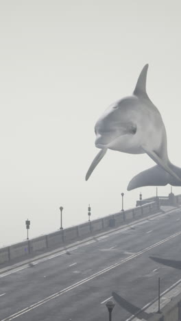 a dolphin leaps over a city street