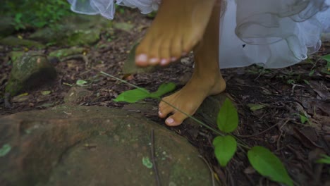 female feet walking on the earth and stones in the jungle