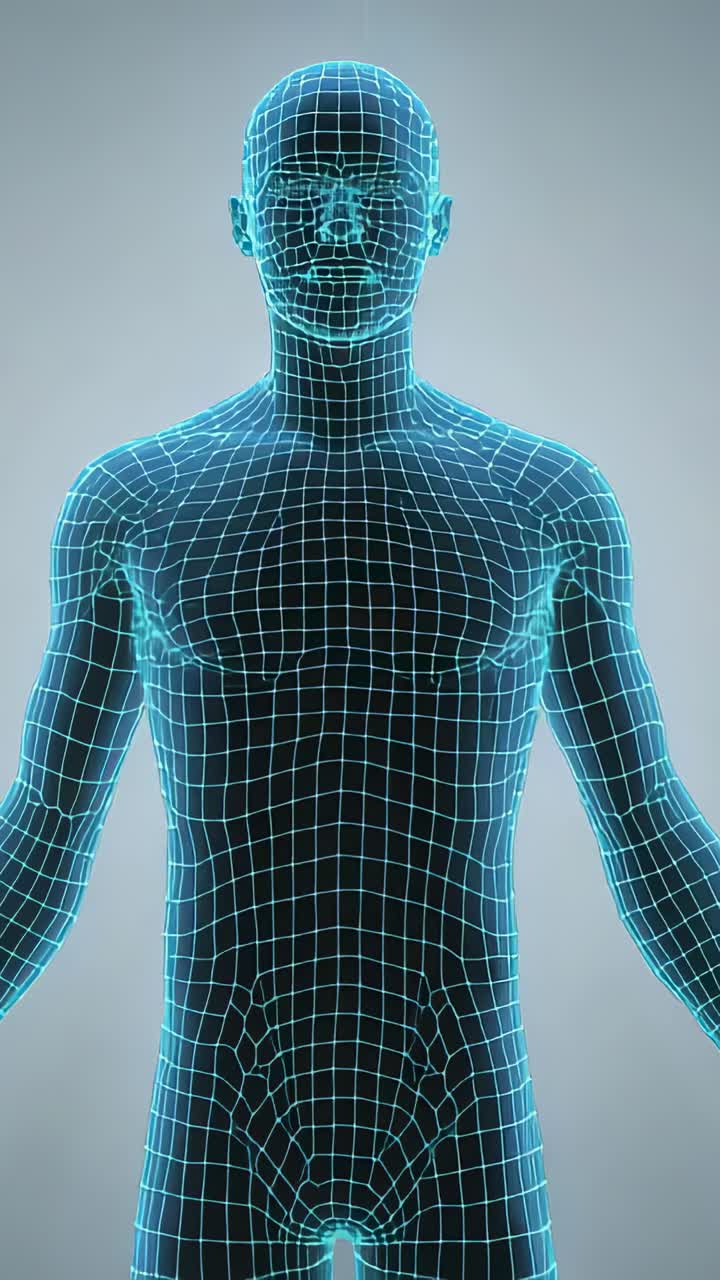 Video verticale: zoom della camera su mesh maschile in studio, griglia ciano pulsante, che rivela dettagli e alone