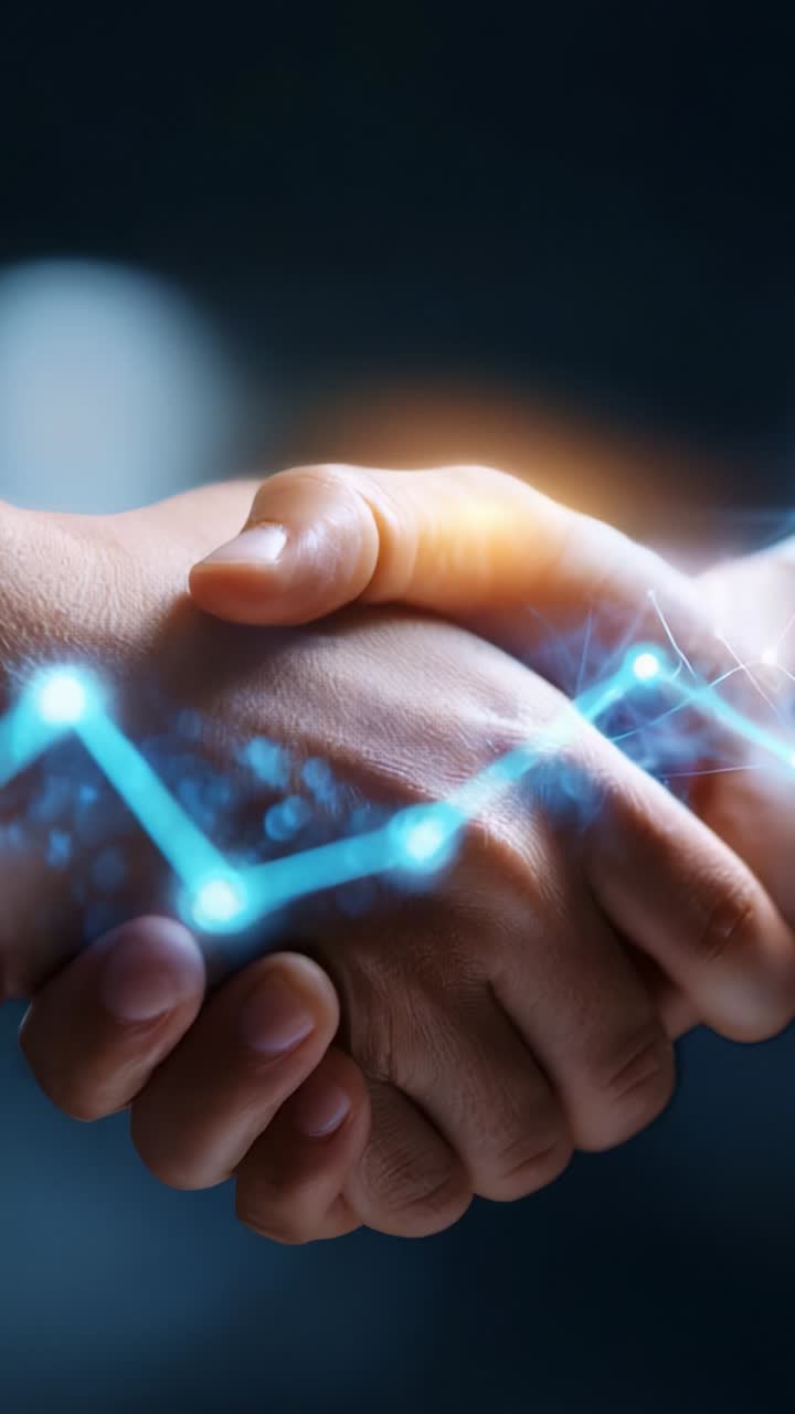 Symbolic Handshake Representing Trust and Collaboration Between Two Partners Enhanced by a Digital Graphic Depicting Growth and Connectivity in a Modern Context