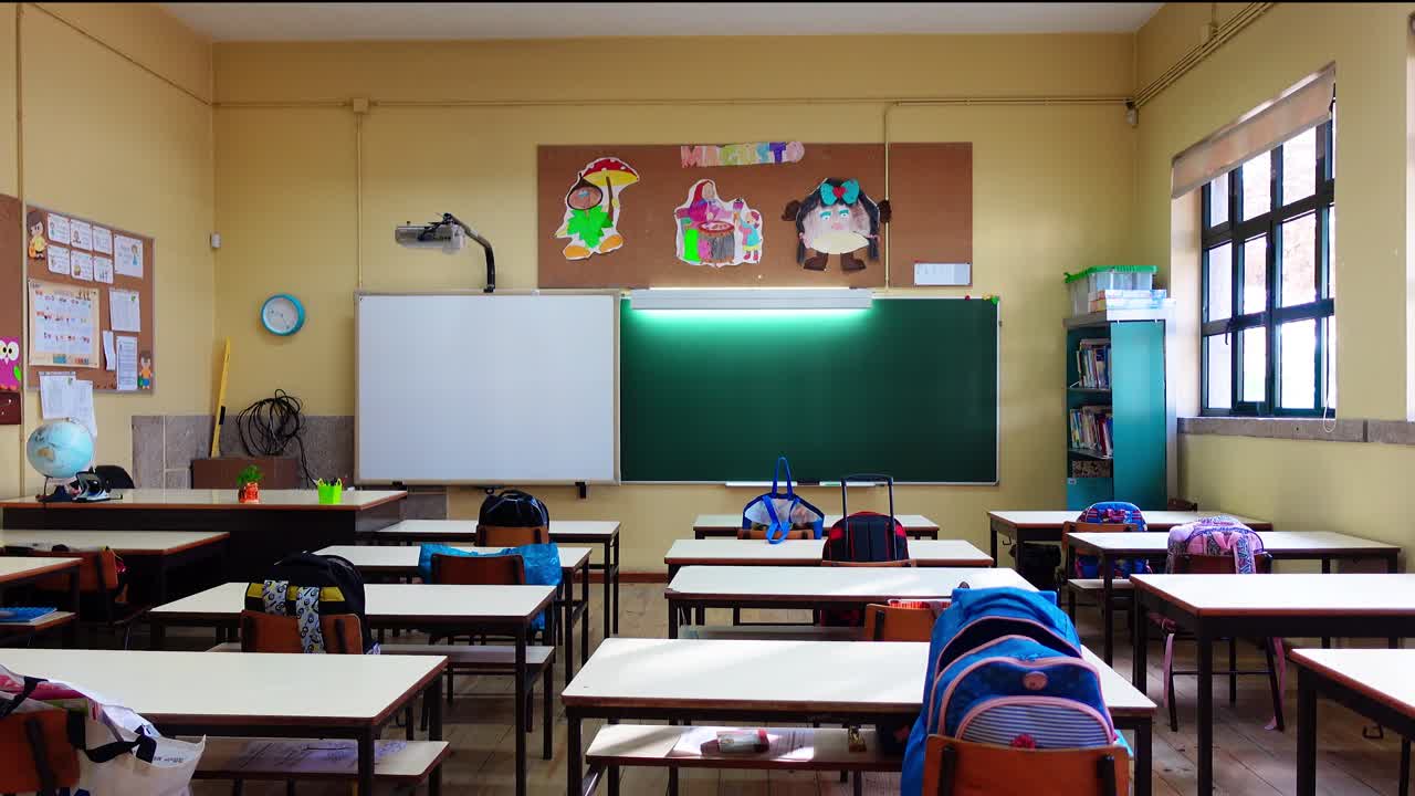 Empty classroom with tables and chairs