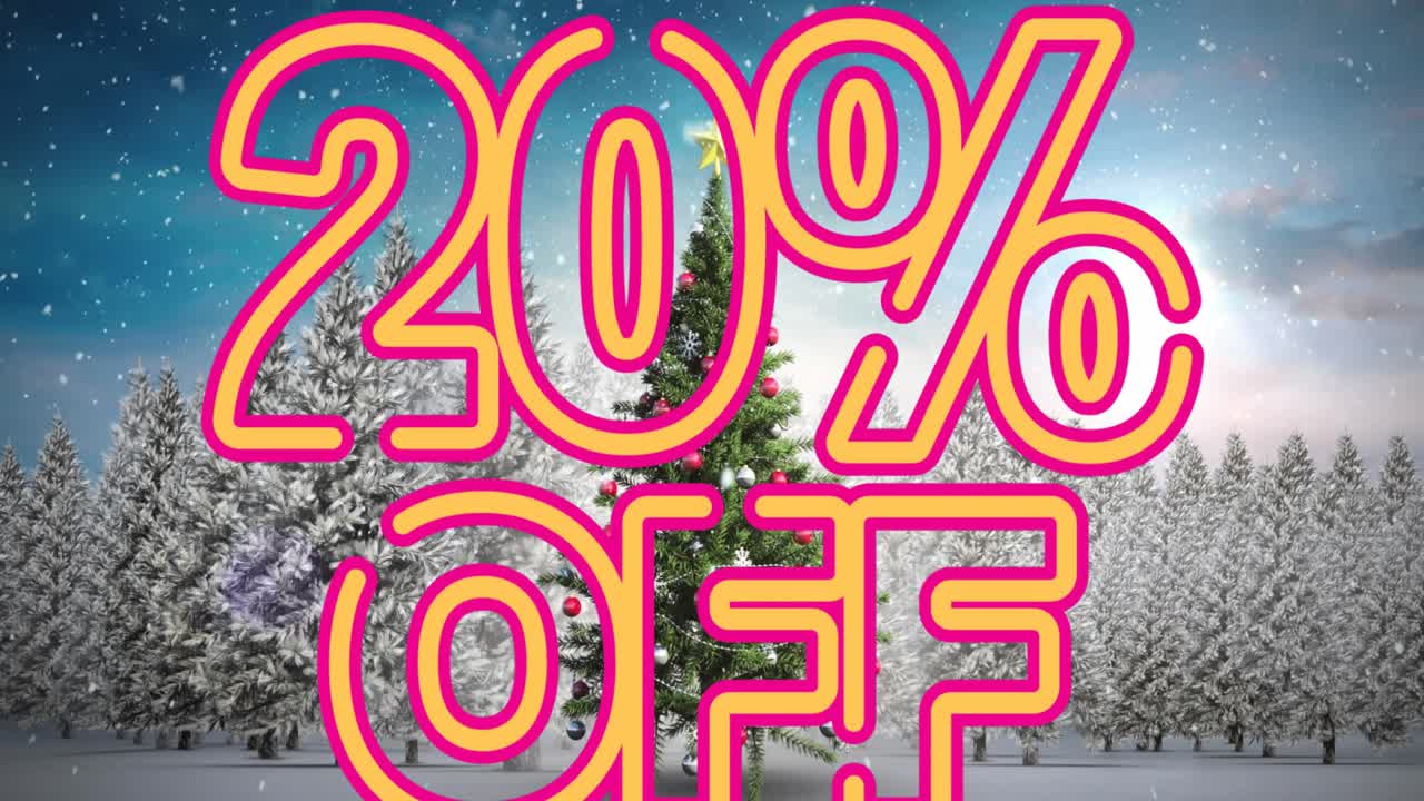 Animazione del testo "20% di sconto" su un albero di Natale e un paesaggio invernale