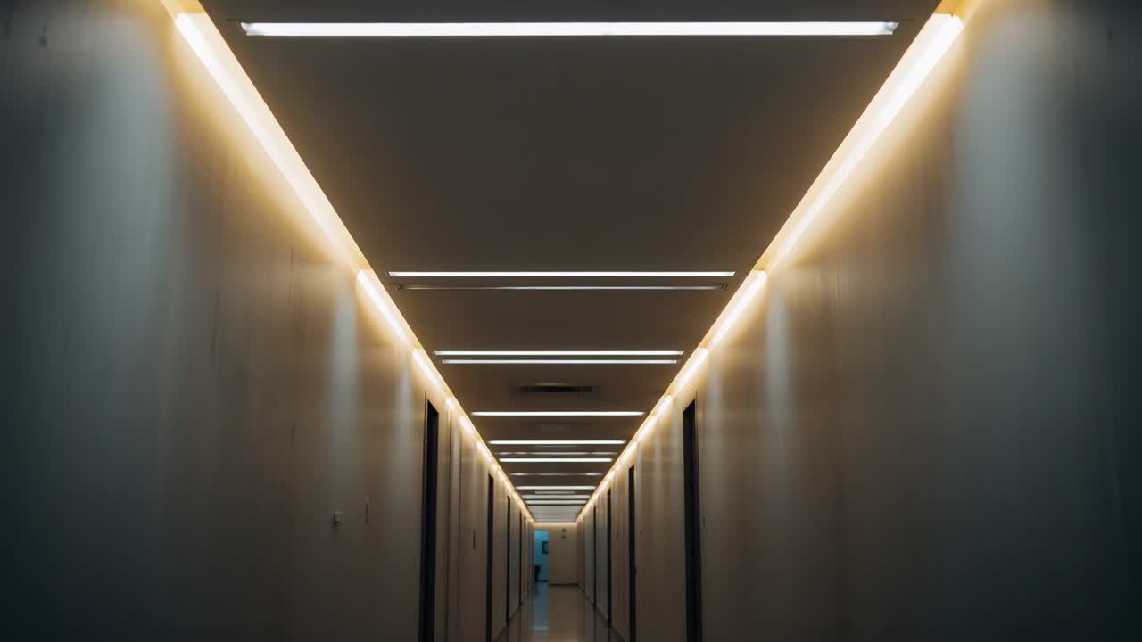 Pushing camera sliding through narrow corridor, revealing linear lights, cove lighting, blue door
