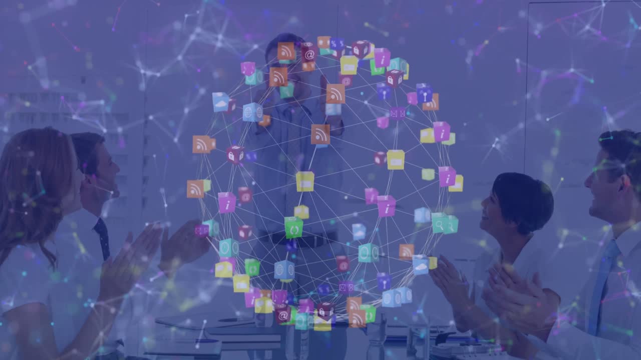 animación de formas e iconos sobre diversas personas de negocios en la oficina