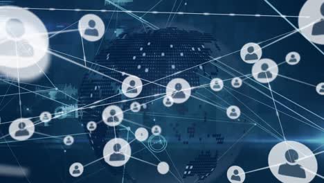 animation of network of people icons over globe and data processing on dark background