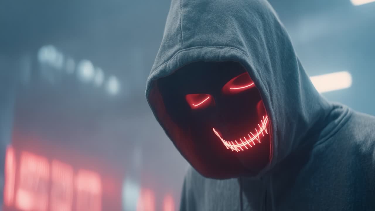 Mysterious Figure with LED Mask in Dark Environment, Evoking a Sense of Horror and Intrigue, Combines Elements of Technology and Suspense, Perfect for Sci-Fi Enthusiasts