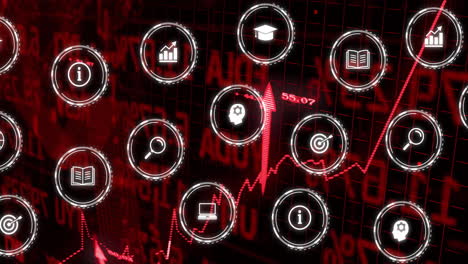 financial data processing animation over red stock market graph and icons