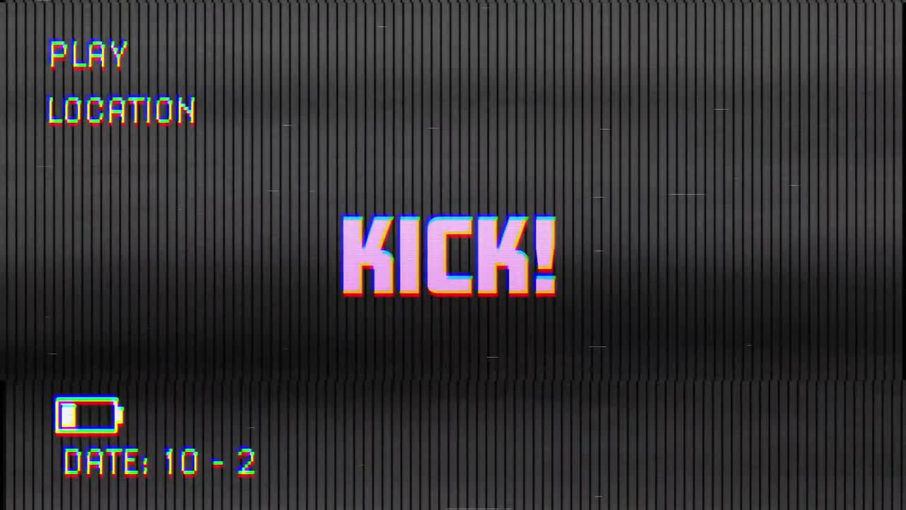 Digital animation af glitch VHS-effekt over tekst 'kick' mod sort baggrund
