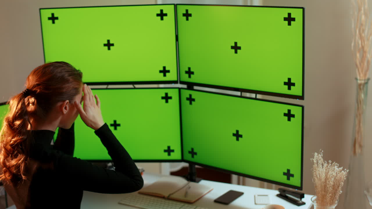 젊은 여성, 추적과 함께 여러 녹색 화면 컴퓨터 모니터