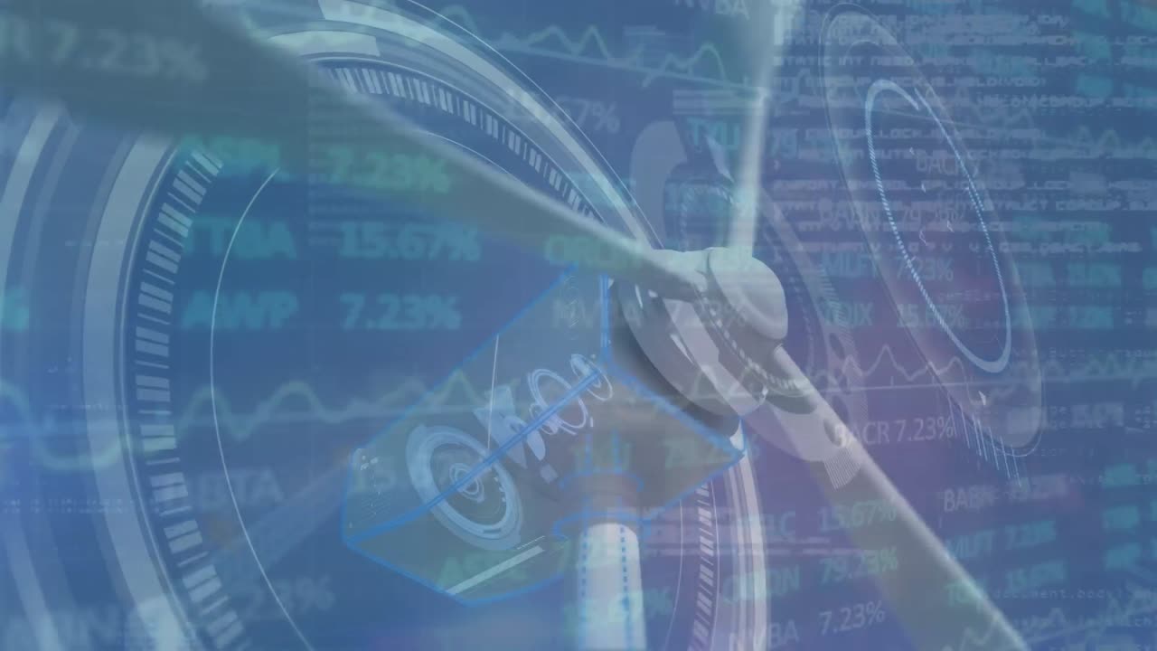 풍력 터빈과 번개를 스코프 위에 애니메이션하고 파란색 배경에 데이터를 처리합니다.