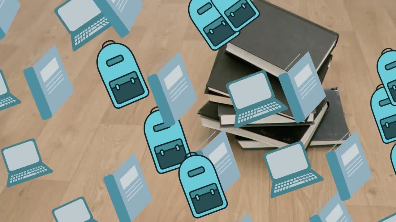 animación de los iconos de los artículos escolares sobre los libros que caen al suelo