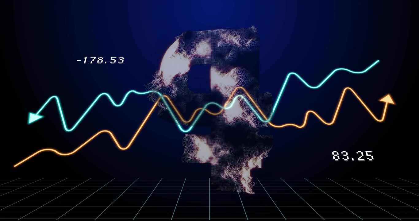 Particle rising shaping ruble sign while orange cyan waves pulsing numbers showing currency shifts
