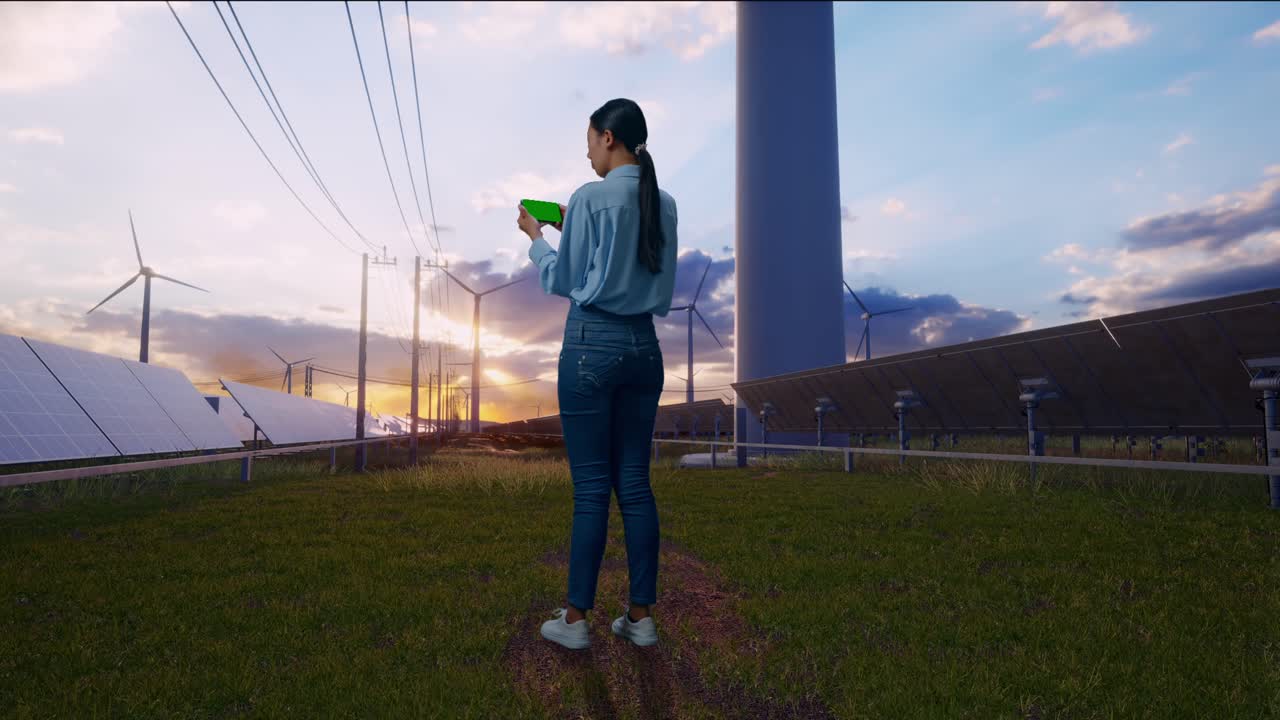 Full Body Back View Of Asian Female With Green Screen Smartphone With Solar Panel and Wind Turbines, Industrial Facility